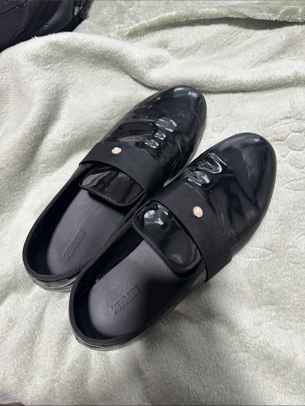 Zara Black Patent Slip-On Loafers with Gold Accent